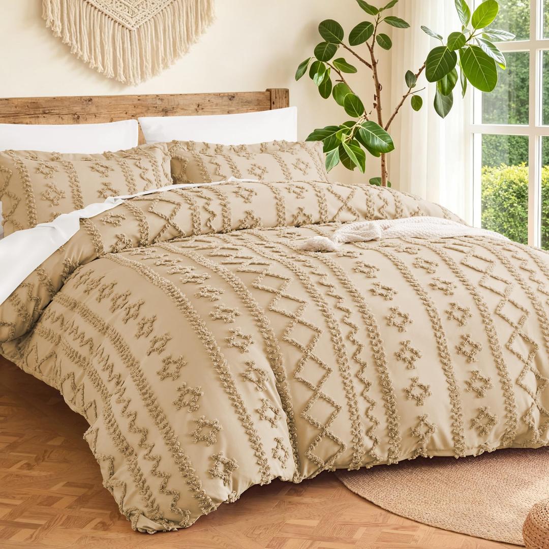 MR&HM Boho Duvet Cover Queen, Soft Vintage Tufted Bedding, 3-Piece, Khaki, Size: Full/Queen
