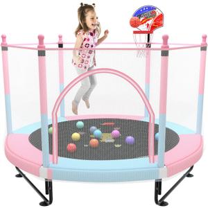 5FT Trampoline for Kids Toddler Indoor Trampoline with Safety Enclosure Net, Mini Basketball Hoop, Jumping Mat for Home Entertainment Equipment Outdoor Backyard Games