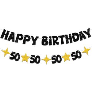 Happy 50th Birthday Banner-Black Gold Happy 50th Birthday Decorations for Men Women,Glitter 50th Birthday Decorations for Him Her,50 th Bday Decor Sign 50 Party Supplies