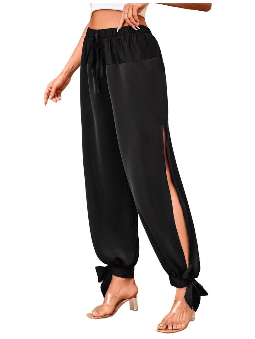 WDIRARA Women's Boho High Waist Split Knot Hem Long Pants Flowy Harem Yoga Pants Dark Black, Large