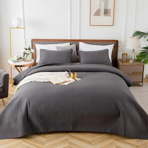 HENGWEI Dark Gray Queen Size Quilt Set,Lightweight Microfiber Quilts Reversible Bedspreads 3 Pieces,Bedding Coverlet(Includes 1 Quilt,2 Pillow Shams)