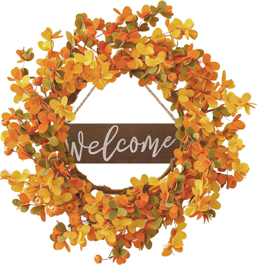 VioletEverGarden Fall Wreaths for Front Door 20 Inch Autumn Wreath Artificial Thanksgiving Wreath with Welcome Wooden Brand and Pumpkins for Indoor & Outdoor Farmhouse Harvest Celebration