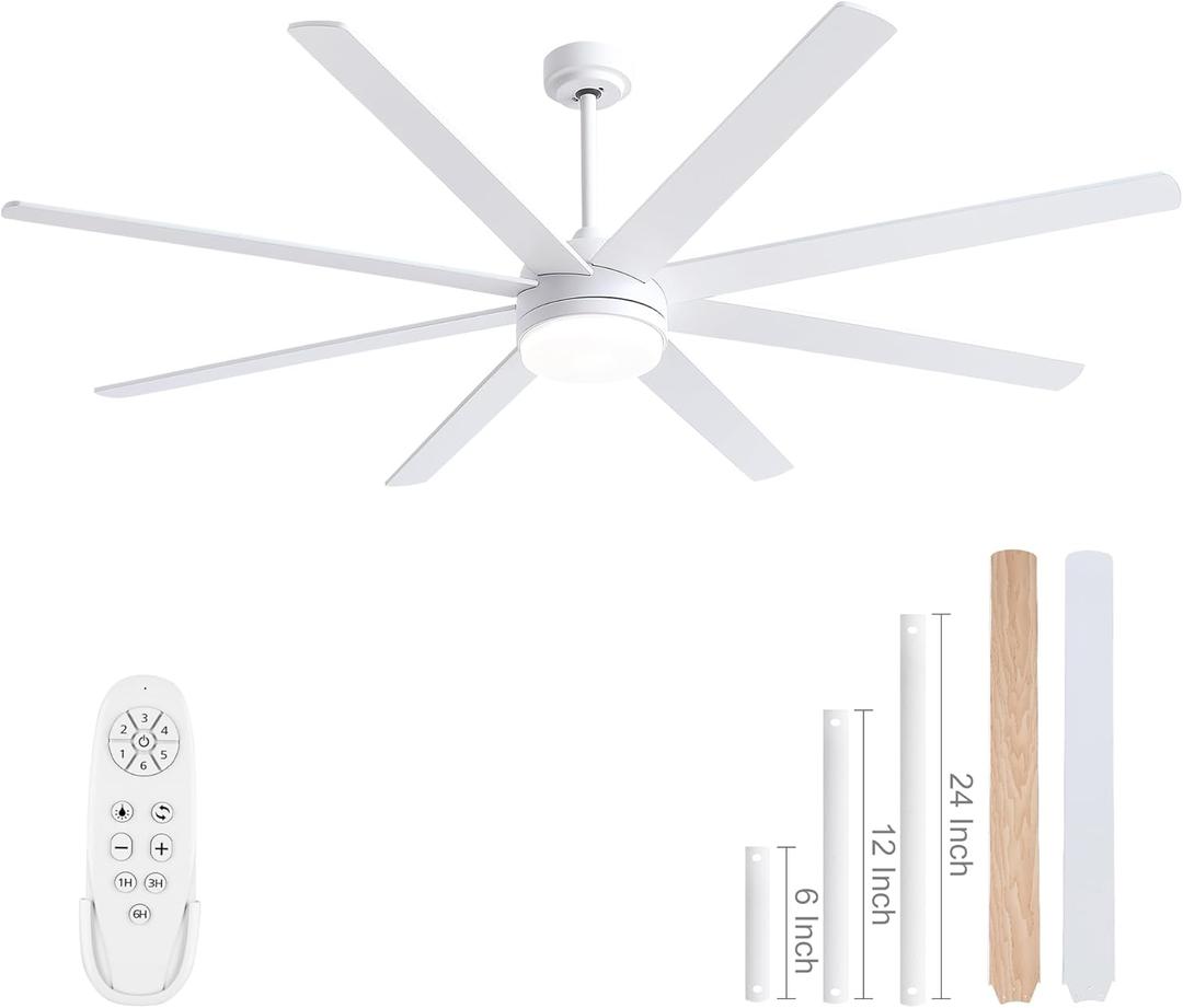YUHAO 72 Inch White Ceiling Fan with Light and Remote Control.Noiseless,Dimmable,3CCT,6 Speeds Reversible, DC Ceiling Fans for Indoor or Covered Outdoor Use.ETL Listed