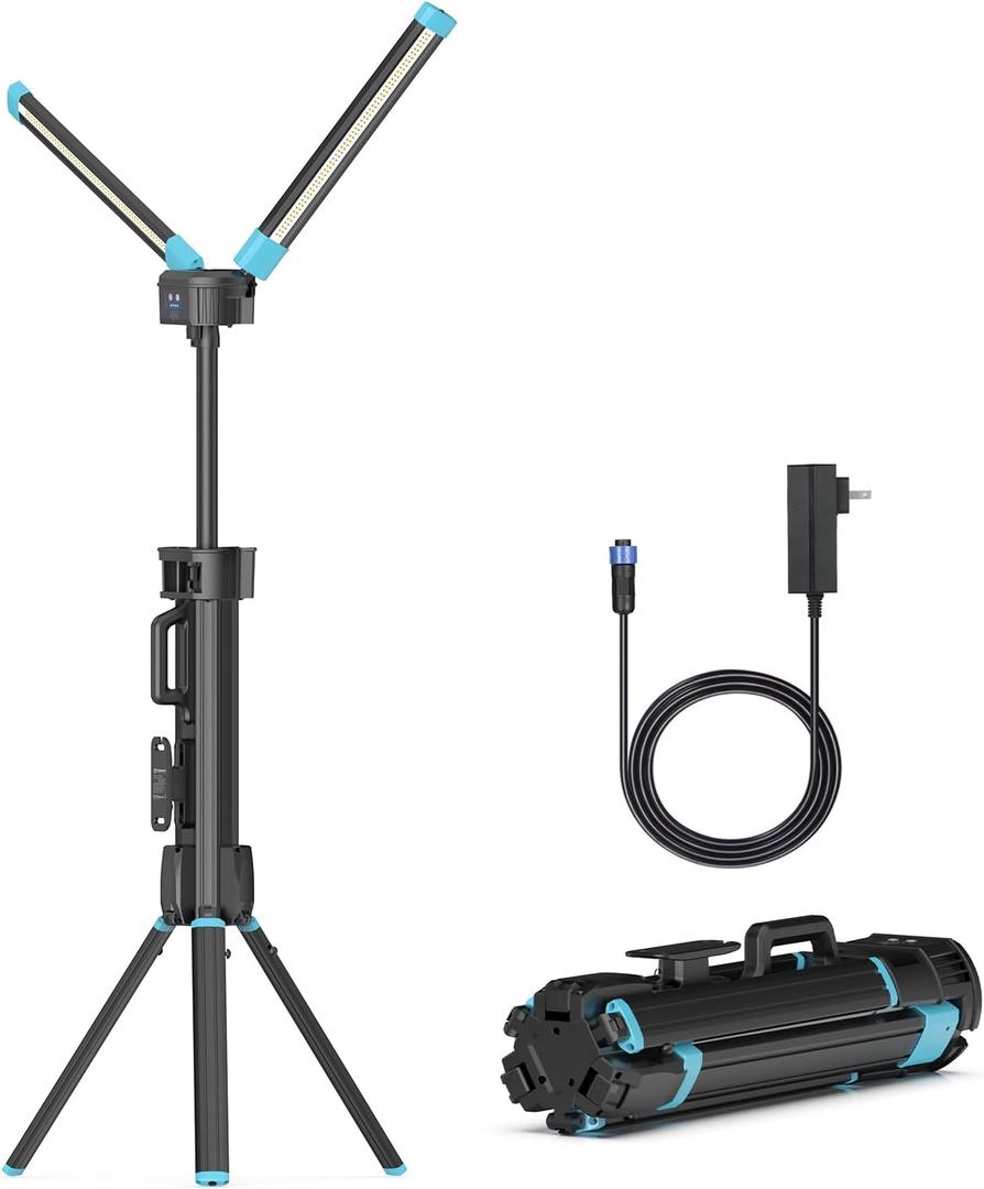 10000 Lumen Work Light with Stand, GoGonova 87'' Rechargeable Dual Power Source Led Work Light with Stand, Dual-Head Led Tripod Work Light with 1500/5000/10000 Lumen, 4000/7000K Dimmable