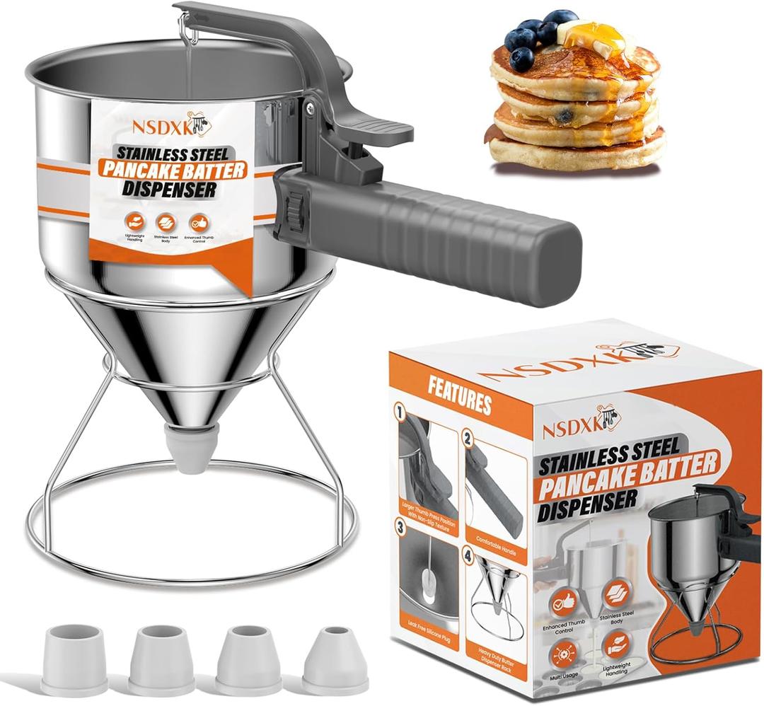 40oz Pancake Batter Dispenser, Stainless Steel Cake Dispenser with Stand, Great for Pancakes, Cupcake, Waffle or Any Baked Goods, Durable, Leak-Free, Space Gray