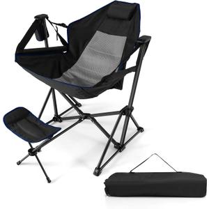 Folding Camping Chair, Portable Beach Chair with Retractable Footrest, Adjustable Back, Cup Holder & Carry Bag, Outdoor Lawn Patio Chair for Camping, Fishing, Hiking (Black, 1 Pack)