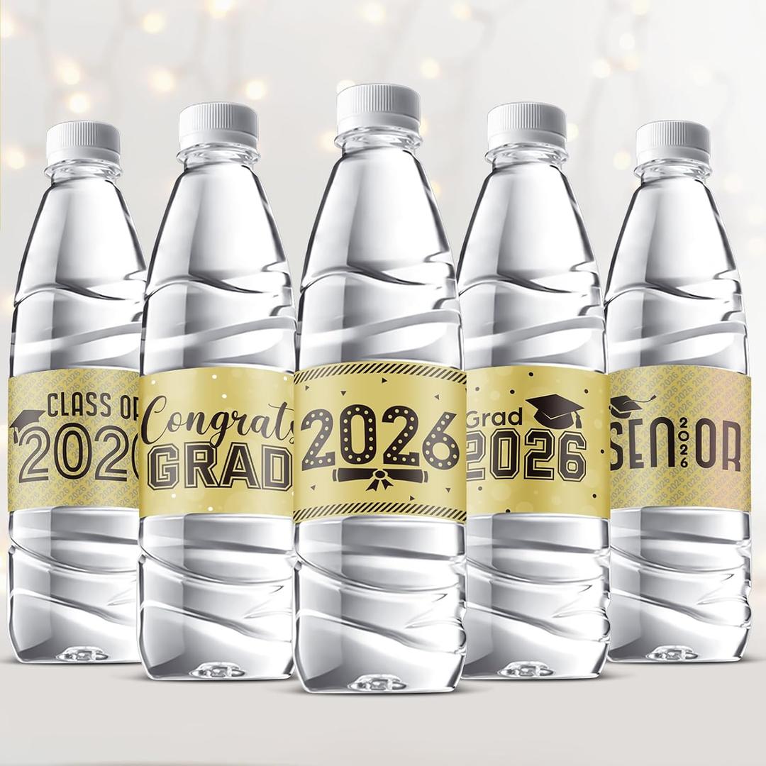 Outus 39 Pcs Graduation Decorations Water Bottle Labels 2026 Congrats Grad Stickers Class of Party Supplies for High School College Nursing Doctorate Graduation Celebration (Gold)