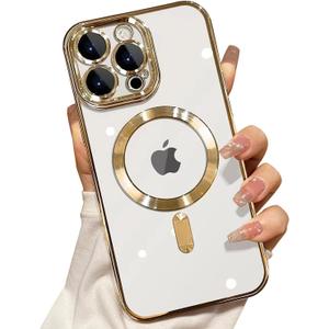 Misscase Compatible with iPhone 14 Pro Max Case with Camera Lens Protector,Full Protection Clear Magnetic Case Compatible with MagSafe Elegant Anti-Scratch Case for iPhone 14 Pro Max Gold
