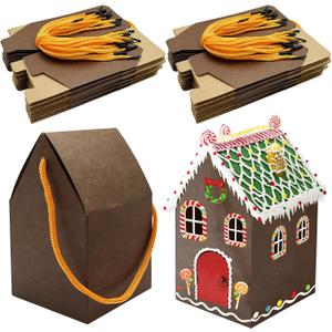 CIEOVO 50Pcs Christmas Gingerbread House Kit, Cardboard House-Shaped Cookie Gift Boxes with Ropes for DIY Crafts Holiday Party Favors Bulk Supplies (Dark brown)