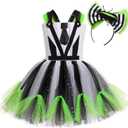 Kids Girl Halloween Costume Black White Striped Ruffle Tulle Tutu Dress with Headband Cosplay Birthday Party Outfit (8-9 Years)