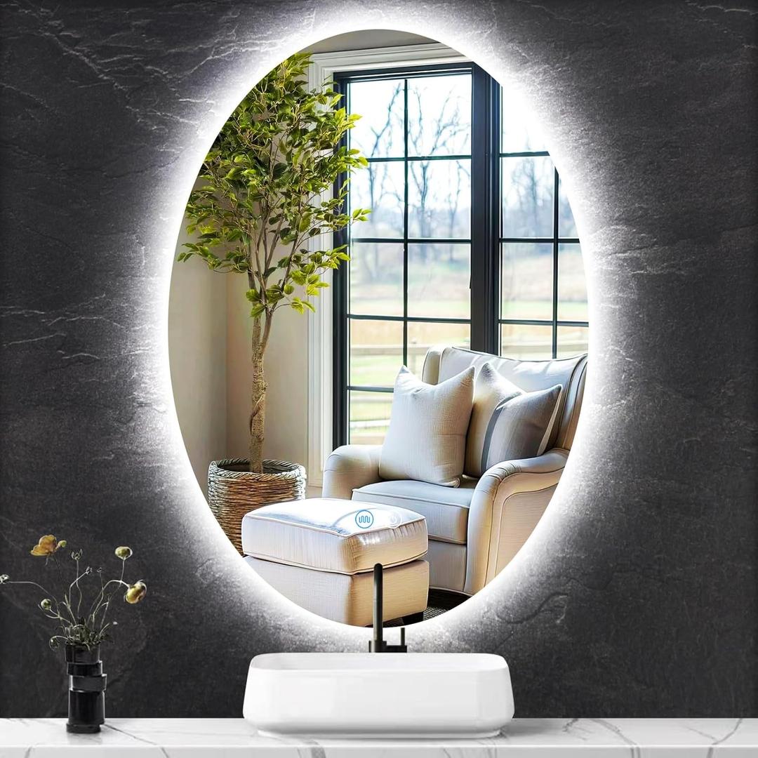 TiliKuly 16 x 24 Inch Oval Lighted Vanity Mirror with Lights Frameless Oval Backlit mirror for Bathroom Wall Oval LED Mirror Anti Fog 3 Color Dimmable 24 in Backlit Bathroom Oval Light up Smart Mirror