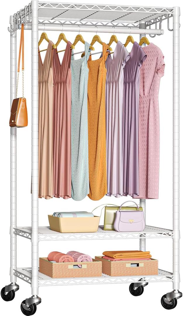 P6 Medium Rolling Clothes Rack Heavy Duty, Clothing Racks for Hanging Clothes, Freestanding Garment Rack with Wheels, Portable Closet Rack Max Load 370 LBS, 30''W x 14''D x 77.6''H, White