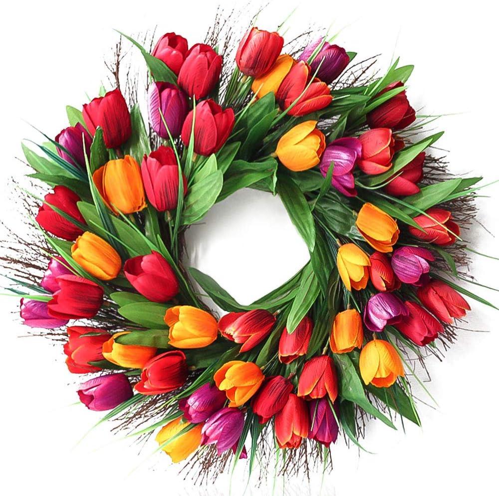 Hoomall 16" Tulip Wreath, Red Silk & Rattan Spring Wreath for Indoor/Outdoor, Valentine's Day & Decorative Use