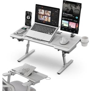 Newtral Laptop Bed Tray Desk, Height & Angle Adjustable Foldable Laptop Stand w/Cup Holder, Mousepad, Laptop Table Bookstand for Gaming, Working, Sofa & Office Chairs Use (Grey, Upgrade)