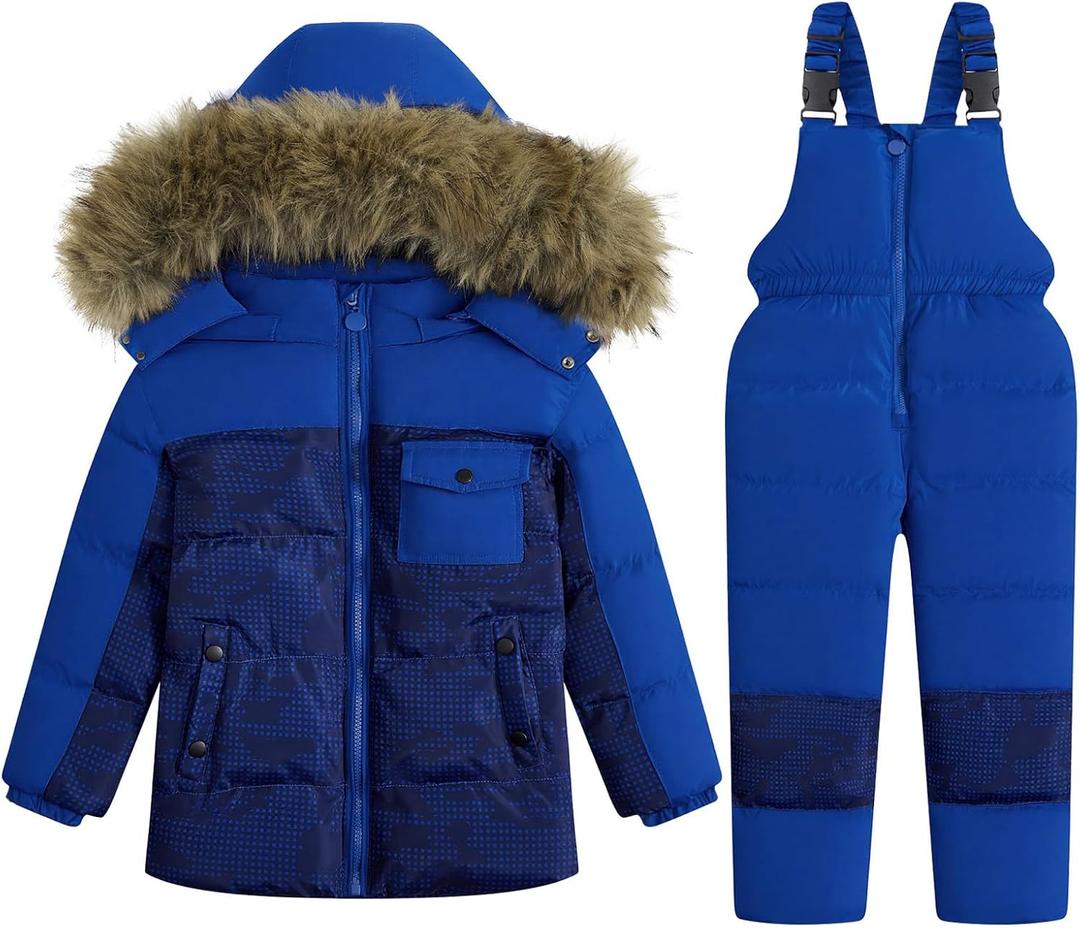 JiAmy Kids 2 Piece Snowsuit Set Girl Winter Hooded Puffer Jacket & Snow Bib Pants Boy Ski Suits Ultralight Outfit (4-5T, Navy Blue)
