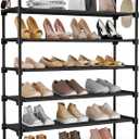 LANTEFUL 5 Tier Shoe Rack for Closet Shoe Organizer with 5 Hooks, Long Shoe Shelf Storage for Shoe and Boot Stackable Free Standing Shoe Rack for Entryway, Garage, Small Spaces, Dorm, Black