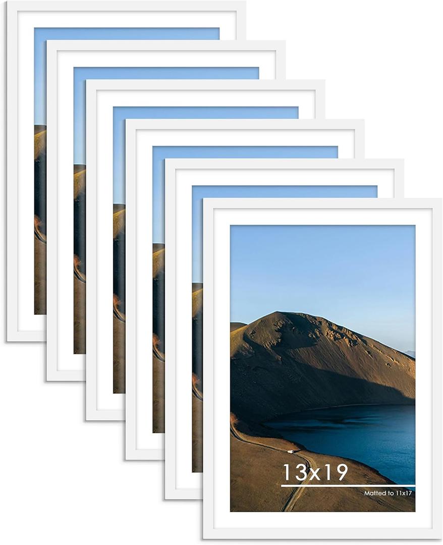 PEALSN 13x19 Picture Frame Set of 6, Display Pictures 11 x 17 with Mat or 13 x 19 without Mat for Wall Mounting Display, Poster Frames Collage for Wall Decor, White.