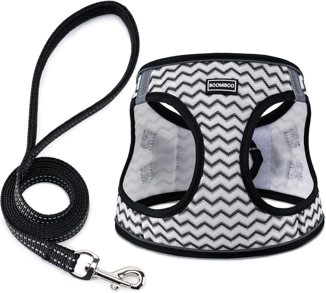 BOOMIBOO Dog Harness with Leash Set, No Pull Adjustable Reflective Step-in Puppy Pet Vest Harnesses for Small Medium Large Dogs and Cats,White Stripe S
