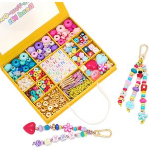 MINIMISSMIANYC Bead Bag Charm Kit for Girls,Big Colorful Beaded Heart Flower Letter A-Z Keychain Making Kit Key Chain DIY Charm Supplies Carft Accessoriess Jewelry for Women Kids Boys