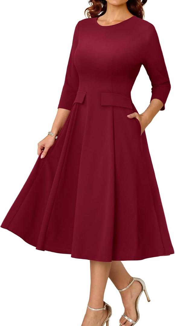DRESSTELLS Cocktail Dresses for Women Formal Wedding Guest Church, Vintage Tea Party Dress with Pockets (Medium, Burgundy)