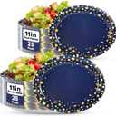 50Pcs Blue and Gold Party Supplies Large Gold Dot on Blue Paper Plates Oval Dinner Plates Disposable Party Tableware for Birthday Decorations Graduation Baby Showers Wedding Holiday Retirement
