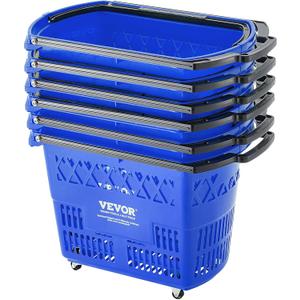 VEVOR 6 PCS Shopping Baskets, 39L Large Plastic Rolling Shopping Basket with Wheels, Shopping Carts with Handles, Portable Shopping Basket Set for Supermarkets, Grocery Shopping, Retail Stores, Blue