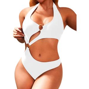 Women One Piece Swimsuit Slimming Cutout Fashoin Swimwear Metal Ring Bathing Suit Female Beachwear (X-Large, White)