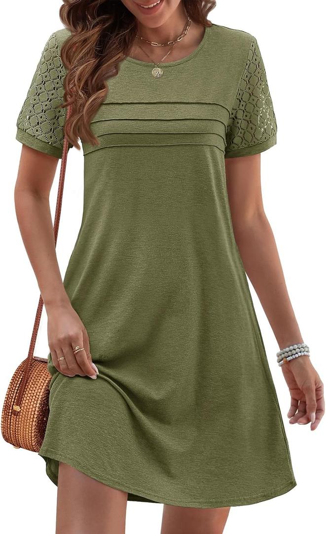 MEROKEETY Women's Summer Short Lace Sleeve T Shirt Dress Casual Crew Neck Pleated Front Shift Dresses (Green, S)