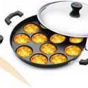 Nonstick Aluminum Appam Pan, 12 Pits, Includes Lid, Easy to Clean, Dimension: Length 9", Width 9", Height 2"