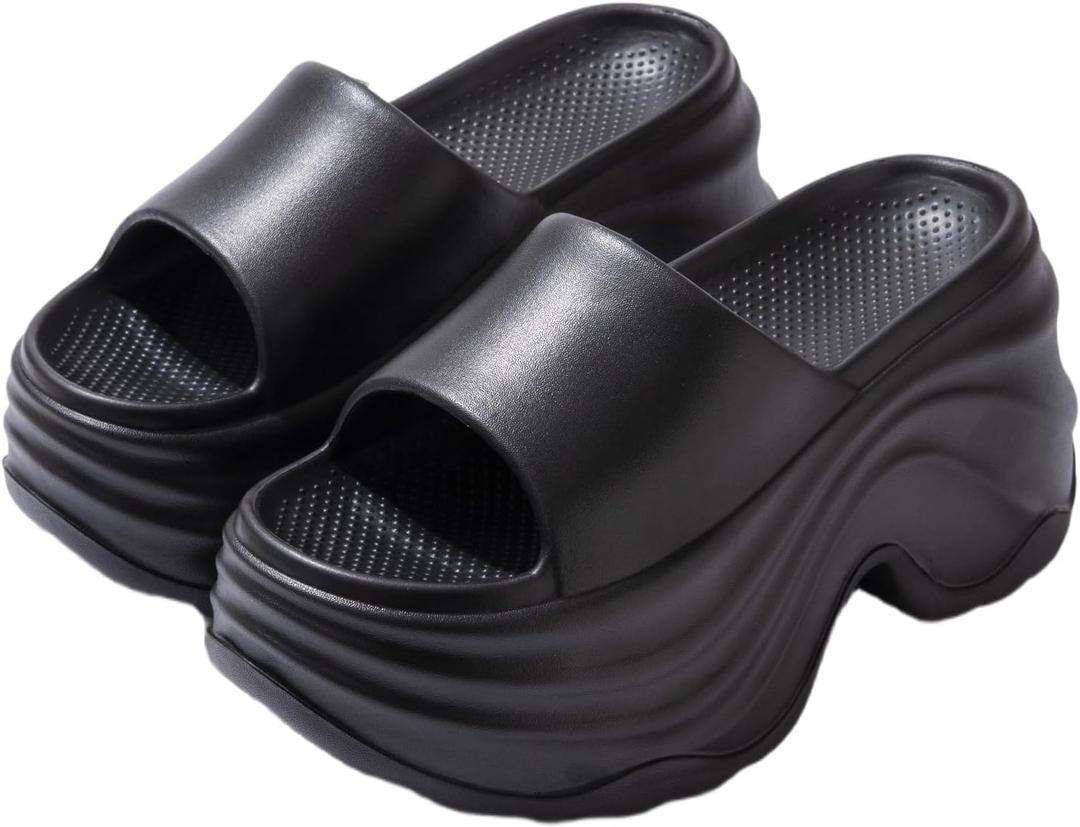 Women Round Open Toe Platform Cloud Slides Sandals Comfortable Home Soft Non-Slip Slip On Bathroom Shower Slippers Casual Summer Vacation Lightweight Cushion Beach Walking Sandals
(Black, 8)