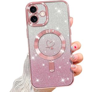 NITITOP Compatible with iPhone 16 Plus Case Cute Clear Glitter [Compatible for MagSafe] Plating Heart Sparkle Bling Magnetic Girl Women Electroplated Frame Camera Protection Back Cover - Pink