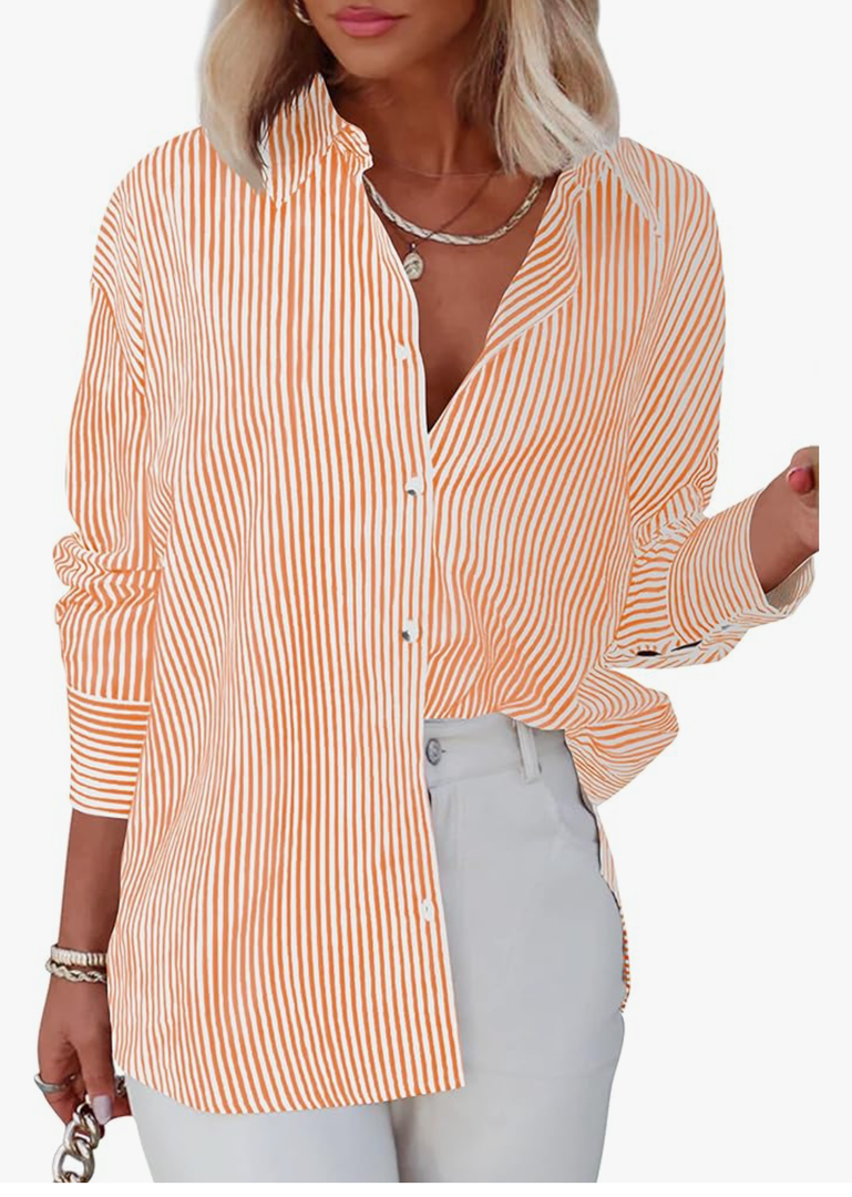 Diosun Womens Striped Button Down Shirts Classic Long Sleeve Stylish Collared Office Work Blouses Tops Size M Orange, White