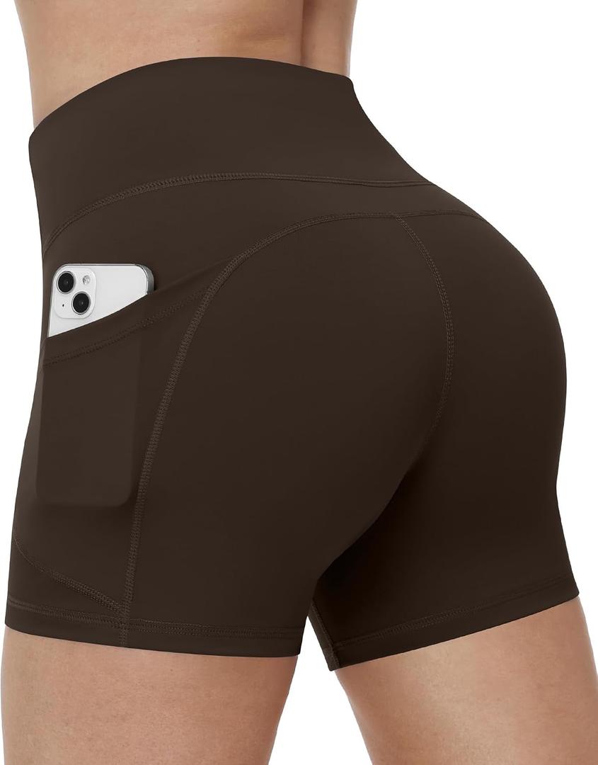 Runhit Women's Biker Shorts No Front Seam 4"/6"/8" High Waist Tummy Control Workout Yoga Gym Running Spandex Shorts Pockets (Brown, XS)