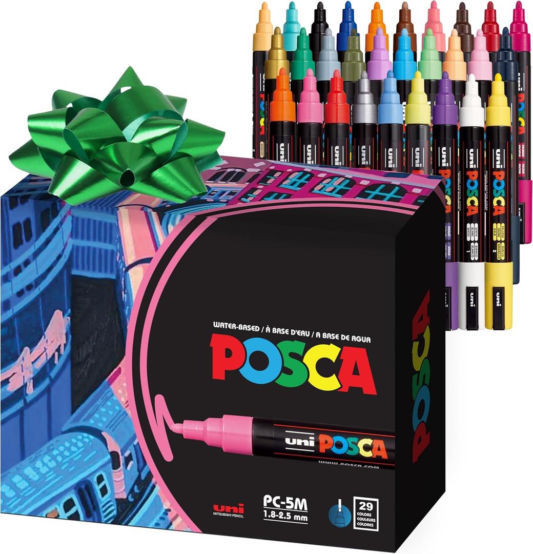 Uni Posca Paint Markers, 5M Medium Acrylic Markers with Reversible Tips, Artist Recommended For Gifts, Decorations, Fabric, Metal, Glass, Wood and Canvas, Assorted Colors, Set of 29