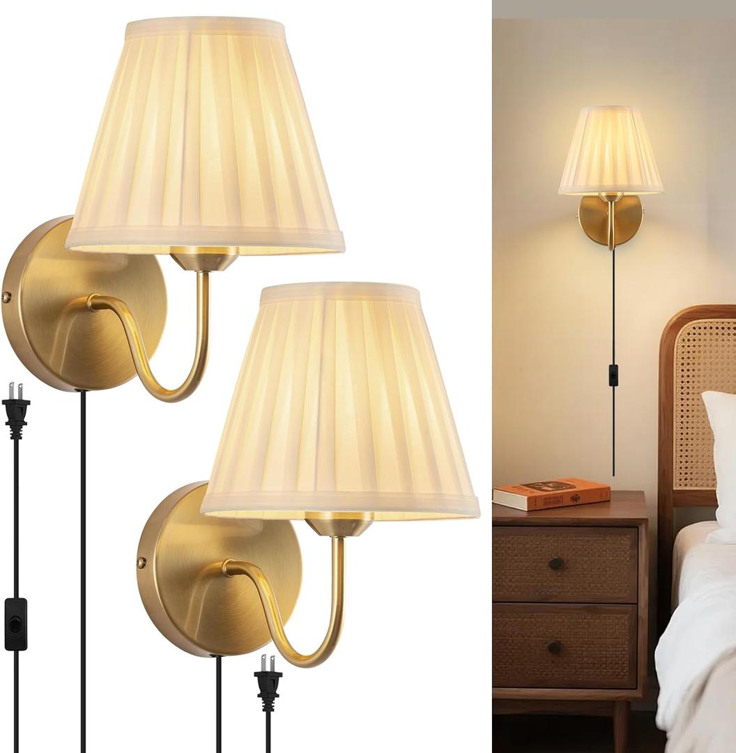 Plug in Wall Sconces Set of Two, Fabric Shade Wall Light with On/Off Switch, Plug in Wall Mount Lamps Wall Decor Set of 2, Gold Sconces Wall Lighting Fixture for Bedroom Bedside Living Room Porch