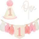 1st High Chair Banner Wood Bead Tassel Garland Banner, Pink and White First Birthday Cone Hat with One Cake Topper Happy Birthday Party Decorations for Baby Girls