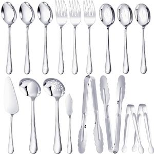 Mwellewm 17Pcs Serving Utensils, Silver Stainless Steel Large Serving Spoons, Slotted Spoon, Fork, Tongs, Cake Pie Server, Soup Spoon Metal Buffet Banquet Cutlery Set for Parties Entertaining Catering