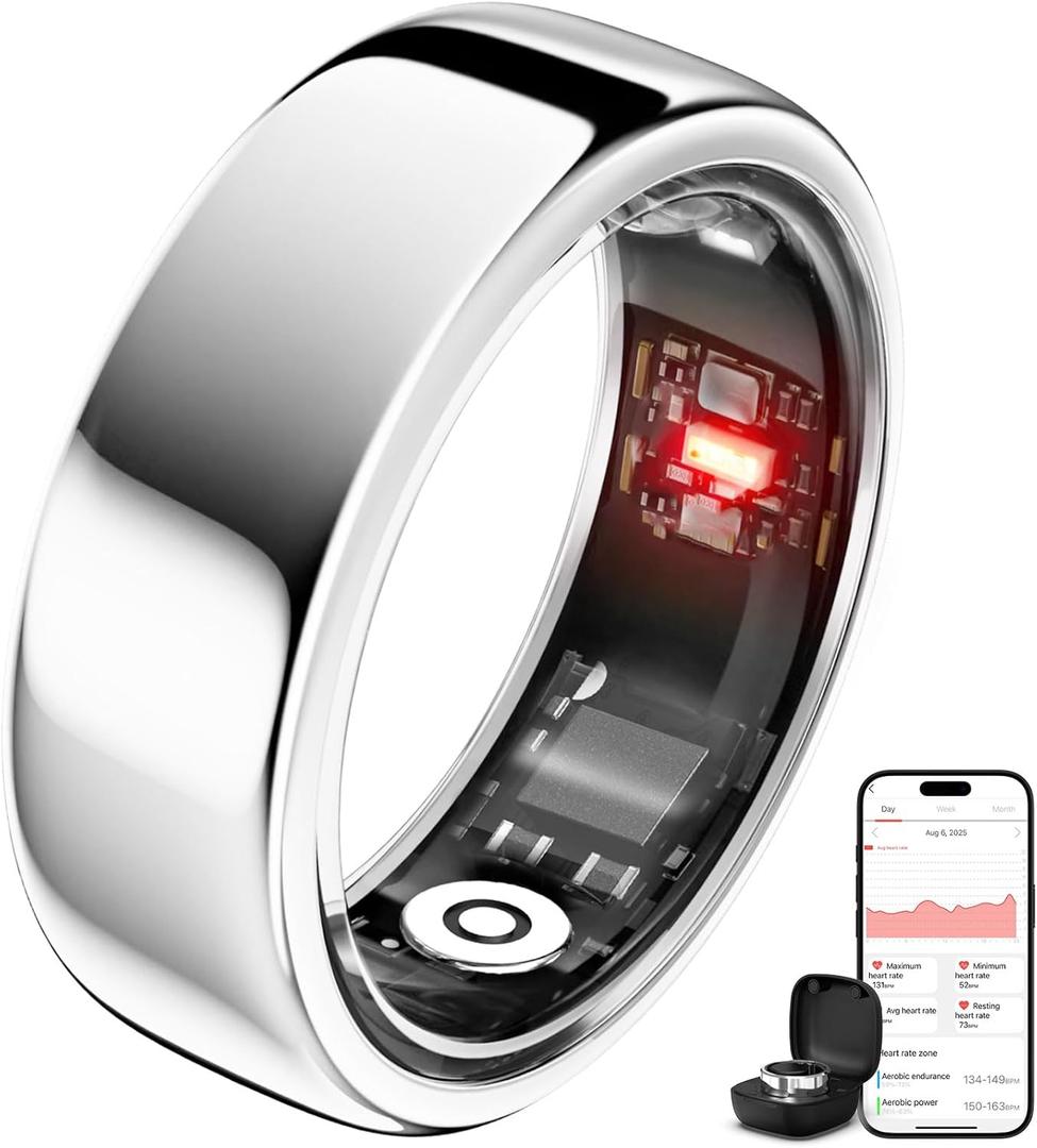 Smring Smart Ring, Fitness Tracking Ring, Heart Rate Monitor Health Tracker for Women/Men, IP68No SubscriptionSleep Tracker for iPhone and Android, Up to 10 Days of Battery Life (Silver, #8)
