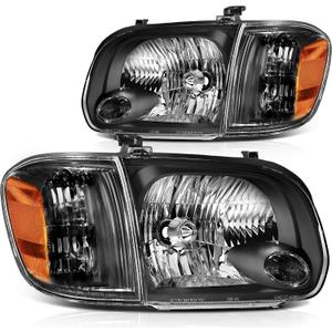 Headlight Assembly for Toyota Sequoia 2005-2007 for Toyota Tundra 2005-2006 Black Housing Amber Reflector Clear Lens Driver and Passenger Side Headlamp(Double Cab 4 Door Only)