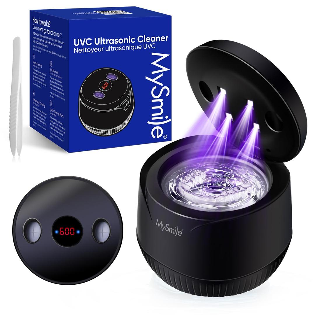 MySmile Dental Ultrasonic Retainer Cleaner Machine- 45kHz UV Denture Cleaner with 200ML Capacity for Aligner, Braces, Mouth Guard, Night Guard, Portable Dental Cleaning Pod with Digital Timer (Black)