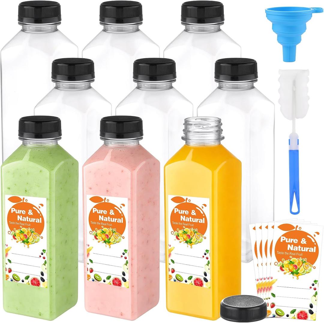 36 Pack 16oz Plastic Juice Bottles with Caps, Empty Reusable Bottles for Juicing Beverage, Plus Labels & Funnel & Brush, Clear Juice Containers with Lids for Smoothies Ginger
