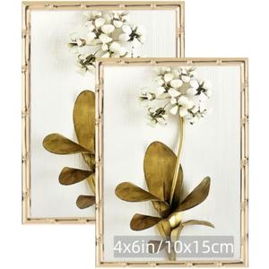 4"x6" Picture Frame Gold Metal Bamboo Design,for Photo 4 by 6 Vertical or 6 by 4 Horizontal,Wall & Tabletop Decortive,Modern Vintage Small Frame Self Standing & Hanging,without Mat