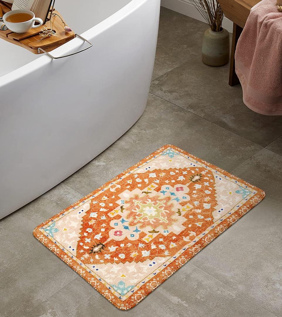 Uphome Boho Tribal Bathroom Rugs Orange Cute Floral Bath Mat Non-Slip Machine Washable Small Rug Soft Oriental Bath Mats for Bathroom Decor for Sink Shower Doormat Tub, 18x25 inch