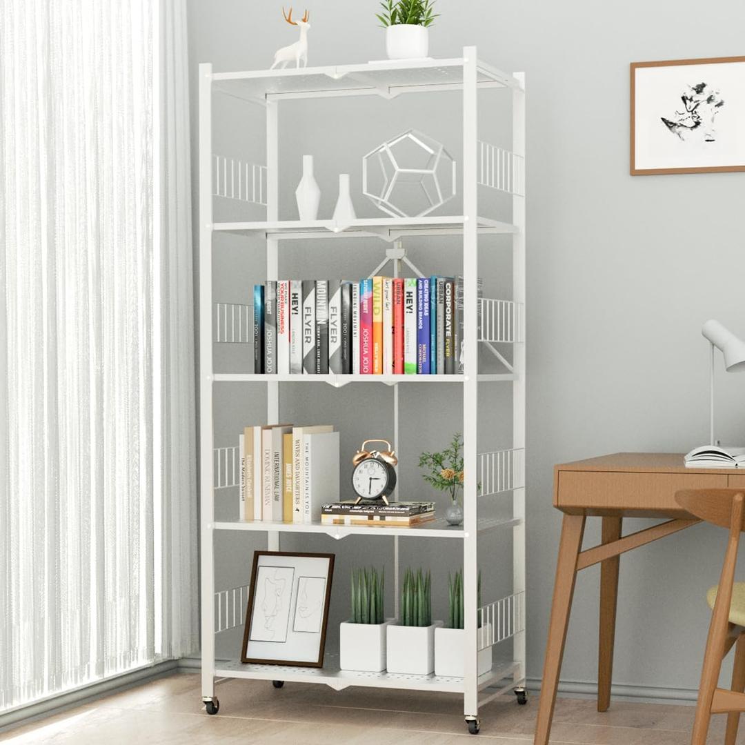Folding Storage Shelves, 5-Tier/4-Tier/3-Tier Metal Collapsible Shelves with Wheels, Shelving Units and Storage Rack, Rolling Shelf No Assemble. (5 Tier, White)