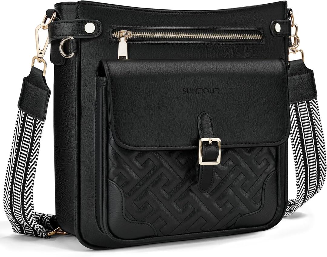 Large Crossbody Bags for Women,RFID Blocking Multi-Pocket Crossbody Purses,Structured Vegan Leather Shoulder Bag | Quilted Design, Pure Black