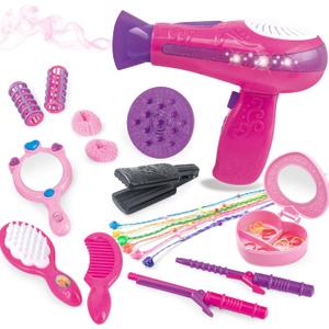 MEGAFUN Little Girls Beauty Hair Salon Toy Kit with Toy Hairdryer, Mirror & Other Accessories, Fashion Pretend Makeup Set for Kids