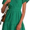 PRETTYGARDEN Womens 2025 Summer Short Dress V Neck Short Sleeve A Line Hollow Out Lace Ruffle Cute Casual Beach Party Dresses (Dark Green, Large)