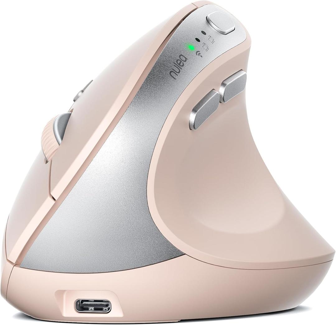 Nulea MD280 Ergonomic Vertical Wireless Mouse - Bluetooth & 2.4G Dual Mode, 4 Adjustable DPI 800/1200/1600/2400, Rechargeable, Silent Clicks, No Lag, 6 Buttons - Perfect for Laptop, Desktop Pink