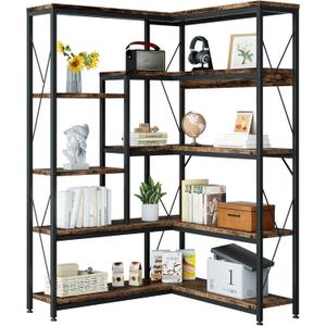 Shintenchi 5 Tiers Corner Bookshelf, 70.86" Tall L-Shaped Bookcase, Large Corner Etagere Bookcase, Corner Shelf Display Storage Rack with Metal Frame for Living Room Home Office, Rustic Brown