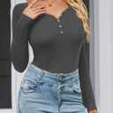 Amoretu Women's Henley Long Sleeve V Neck Shirts Slim Fitted Side Ruched Button Tops (Gray, S)